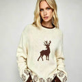 Pull en maille oversize pour femmes avec motif en intarsia de cerf, col rond et bords norvégiens Echoarchiv