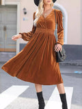 Robe midi en velours pour femmes avec décolleté en V, taille smock froncée et manches ballon longues