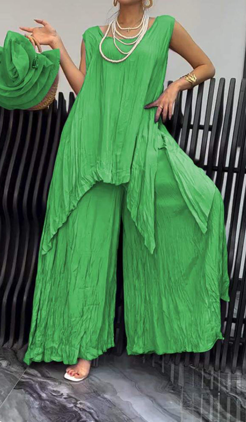 Ensemble léger à effet froissé pour femmes avec tunique sans manches et pantalon palazzo R&B