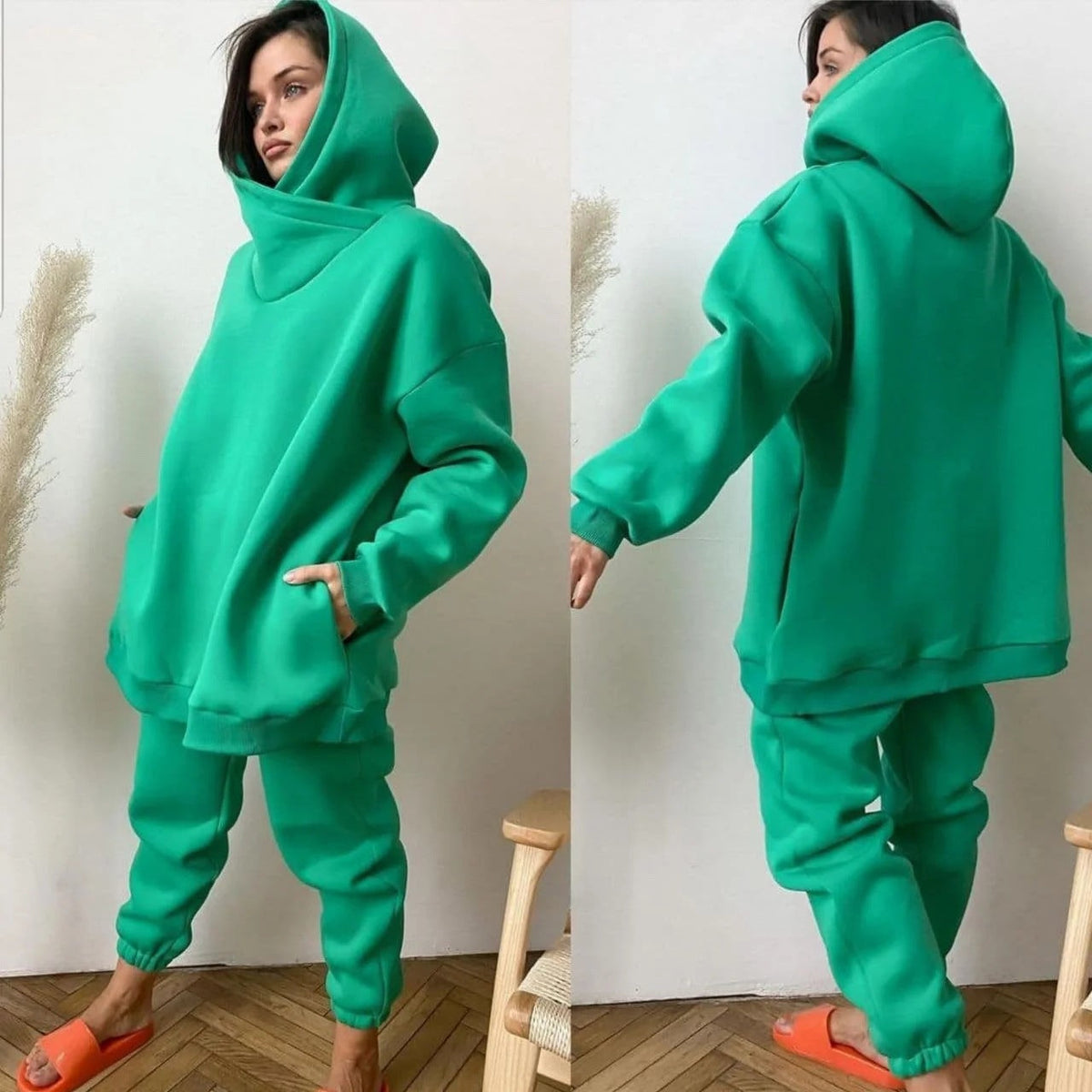 Ensemble en polaire oversize pour femmes avec capuche volumineuse, col châle incurvé et pantalon de jogging confortable