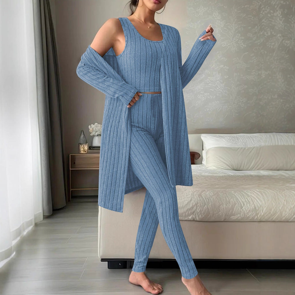 Ensemble Lounge en Tricot Fin Côtelé pour Femmes avec Cardigan Long, Top Court et Leggings Taille Haute Echoarchiv