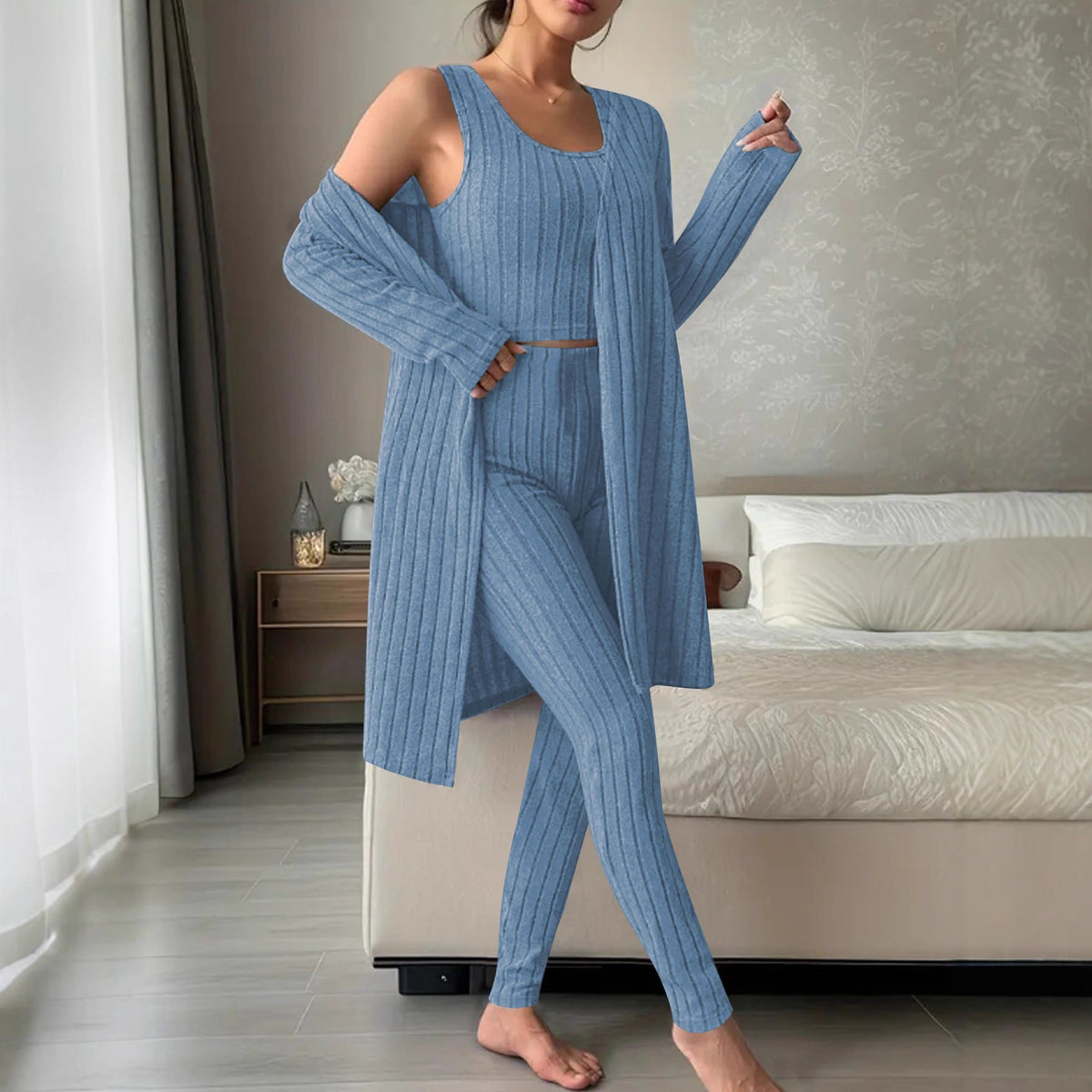 Ensemble Lounge en Tricot Fin Côtelé pour Femmes avec Cardigan Long, Top Court et Leggings Taille Haute Echoarchiv