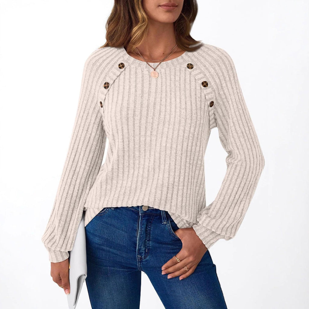 Pull en maille côtelée pour femmes avec patte de boutons décorative sur les manches raglan Echoarchiv