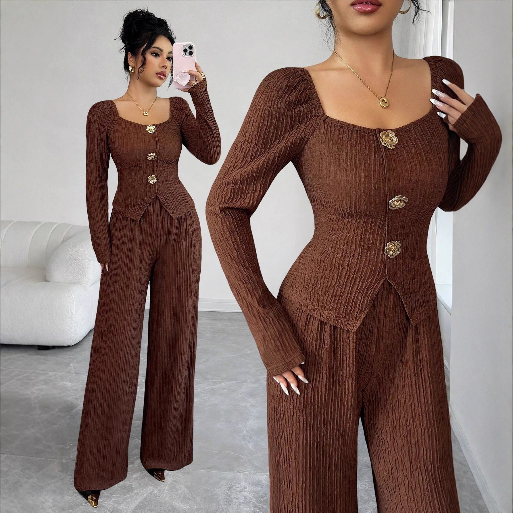 Ensemble de blouse et pantalon cintré en crinkle-plié avec manches bouffantes et boutons décoratifs R&B