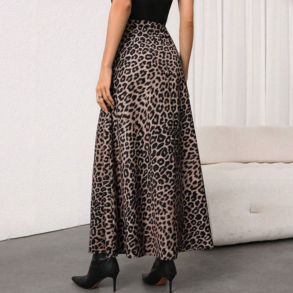 Jupe maxi femme à taille haute, coupe évasée en A et imprimé léopard marqué