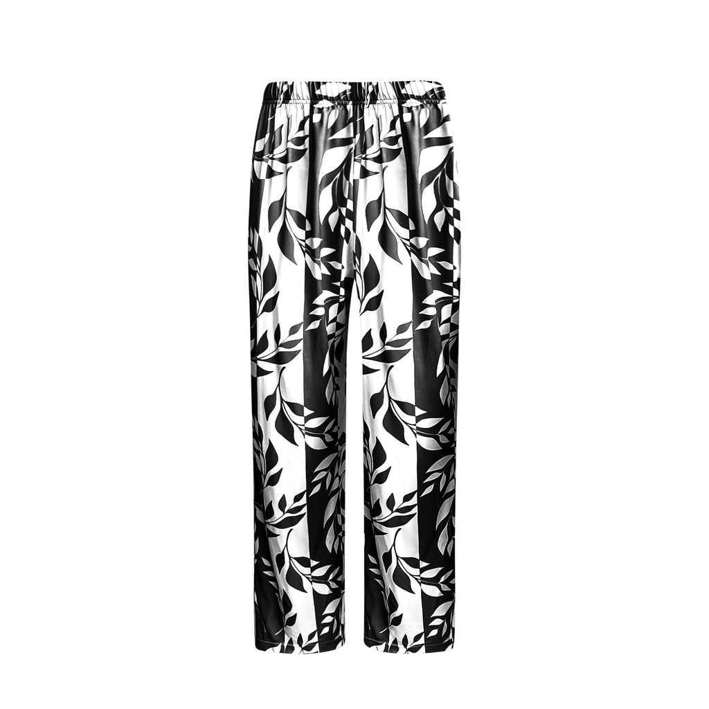 Cardigan long ouvert en maille fine pour femmes avec ourlet droit et pantalon palazzo à imprimé feuillage Set Echoarchiv