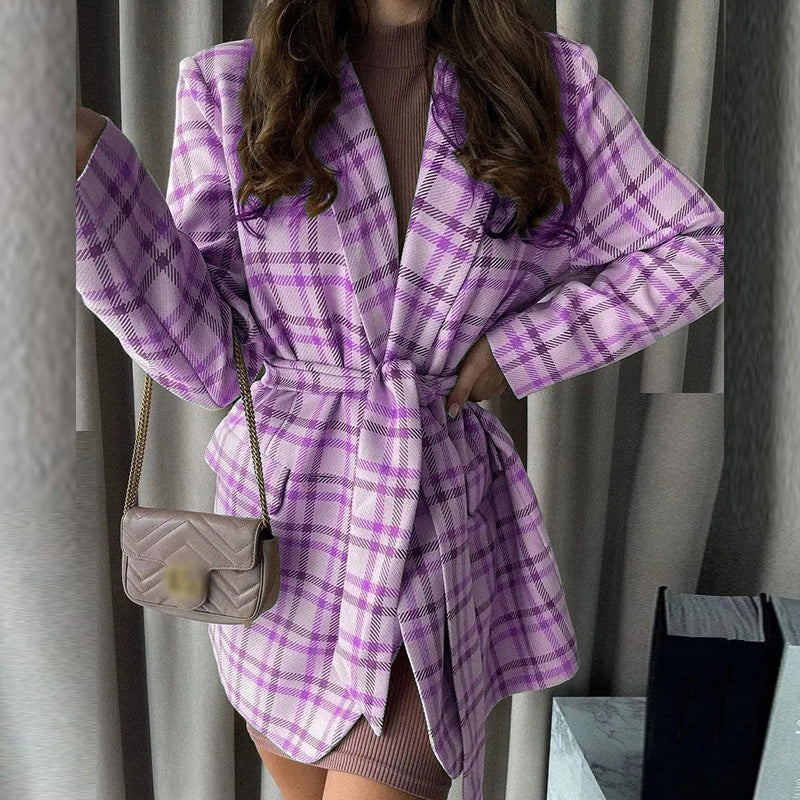Manteau-blazer oversize à carreaux pour femmes avec ceinture à la taille et poches plaquées