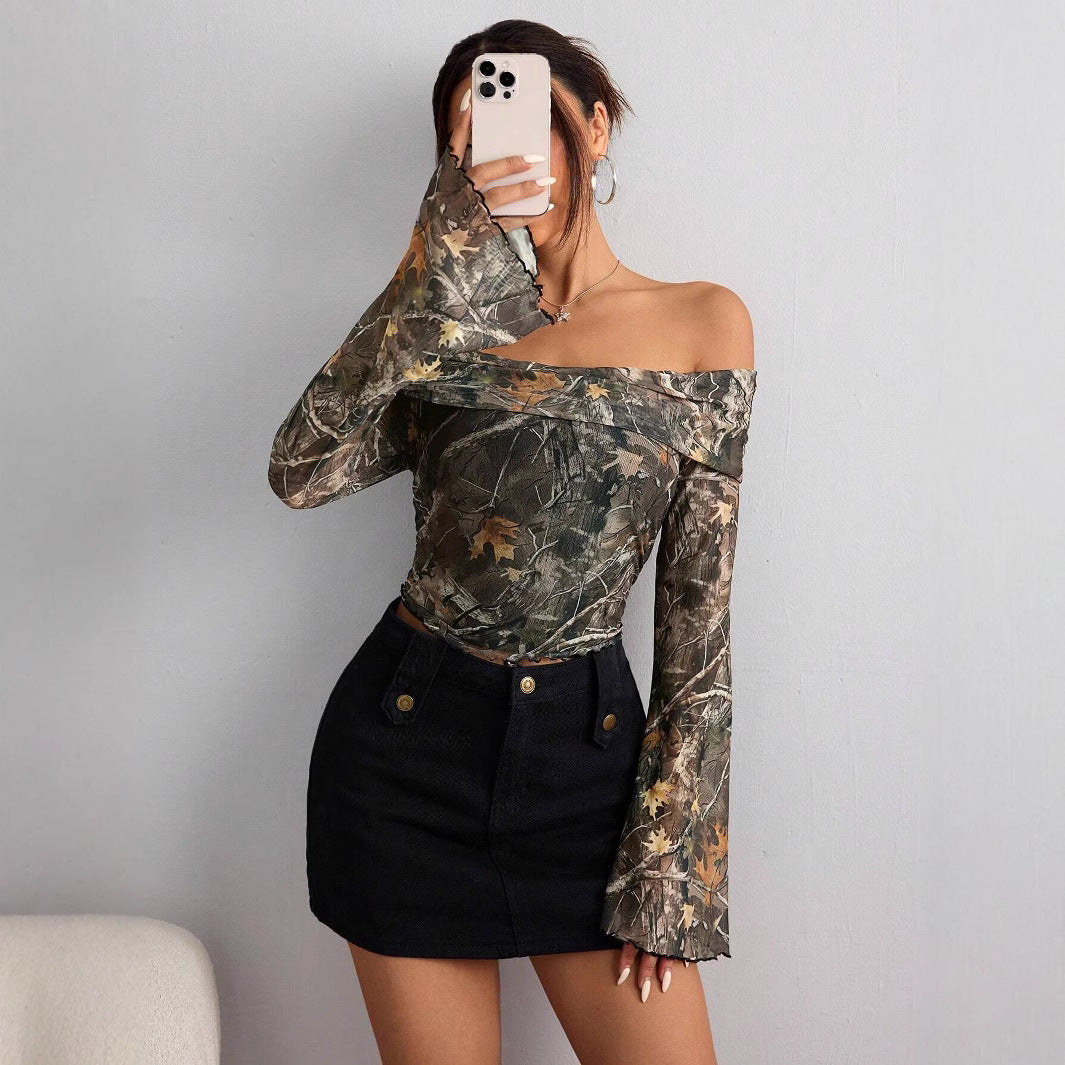 Top à manches longues sans épaules pour femmes avec motif camouflage et manches évasées R&B