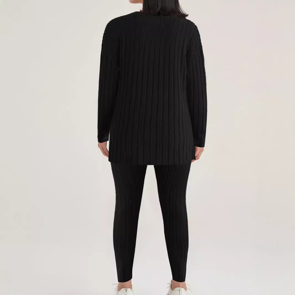 Ensemble Relax en Tricot Rippé pour Femmes avec Col Rond et Jogger Slim Echoarchiv
