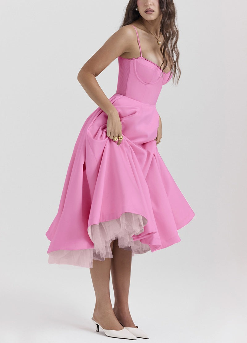 Robe midi rétro inspirée pour femmes avec corsage, coutures sous la poitrine, jupe évasée et poches latérales R&B