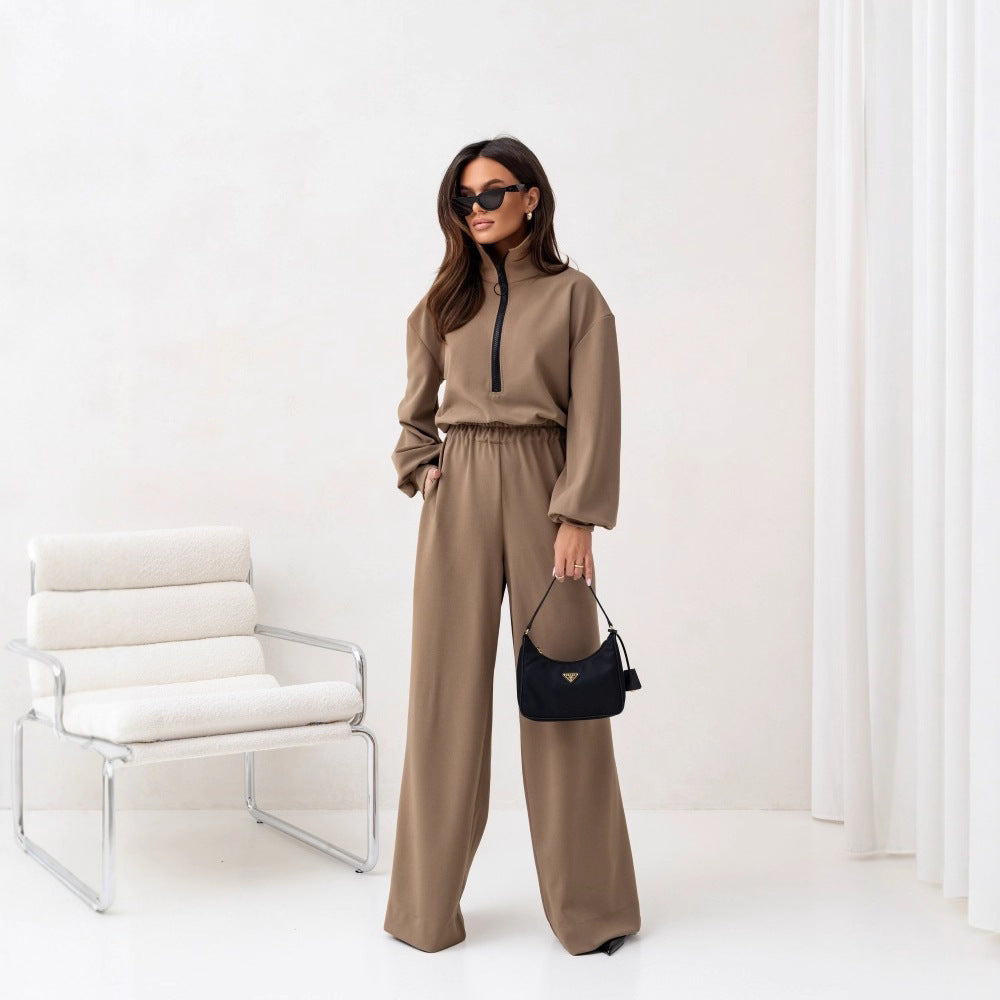 Pull zippé décontracté pour femmes avec taille élastique et pantalon palazzo extra large Ensemble Echo Archiv