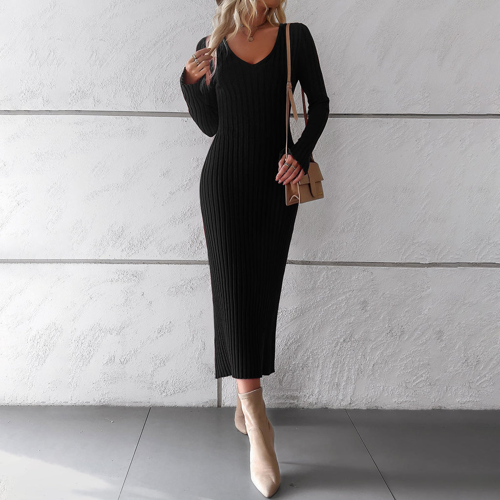 Robe midi en maille côtelée cintrée pour femmes avec décolleté en V profond, couture sculptante et manches longues Echo Archiv