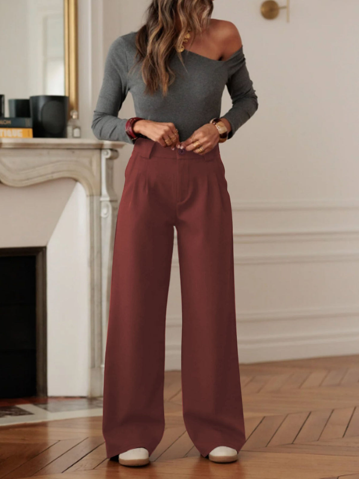 Pantalon large taille haute pour femmes avec pli marqué et fente latérale Echoarchiv