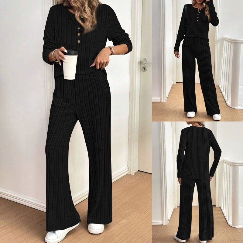 Ensemble Lounge Rippé pour Femmes avec Haut Henley et Pantalon Palazzo Echoarchiv