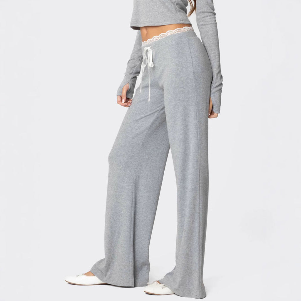 Pantalon de loisirs gris clair pour femmes avec taille élastique et finition en dentelle décorative R&B