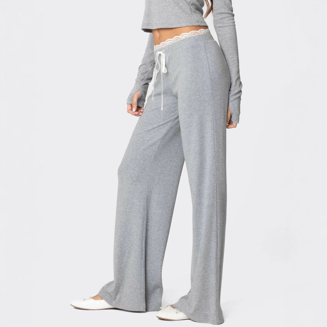 Pantalon de loisirs gris clair pour femmes avec taille élastique et finition en dentelle décorative R&B