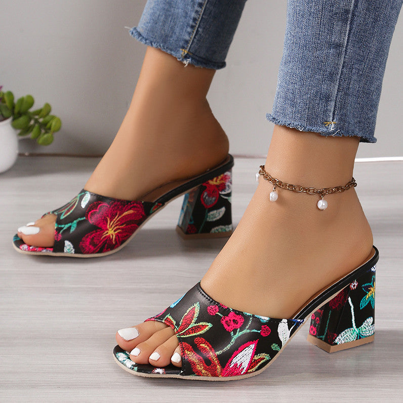 Mules ouvertes pour femmes avec motif floral et talon bloc confortable R&B
