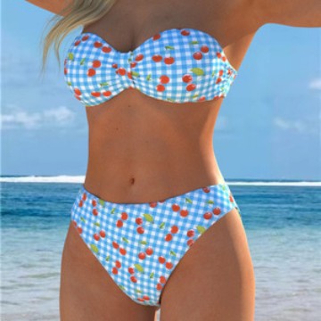 Bikini bandeau pour femmes avec un motif à carreaux ludique et un imprimé fruité R&B