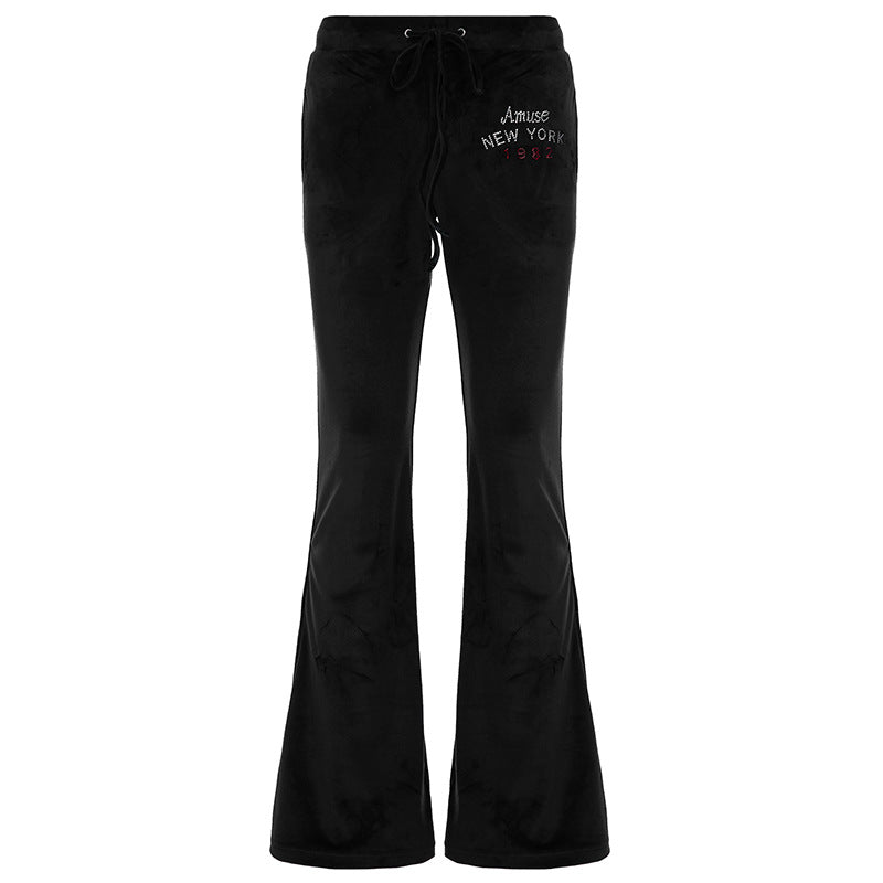 Pantalon de lounge en velours large pour femmes avec ceinture à cordon, cordon de serrage et broderie logo discrète Echo Archiv