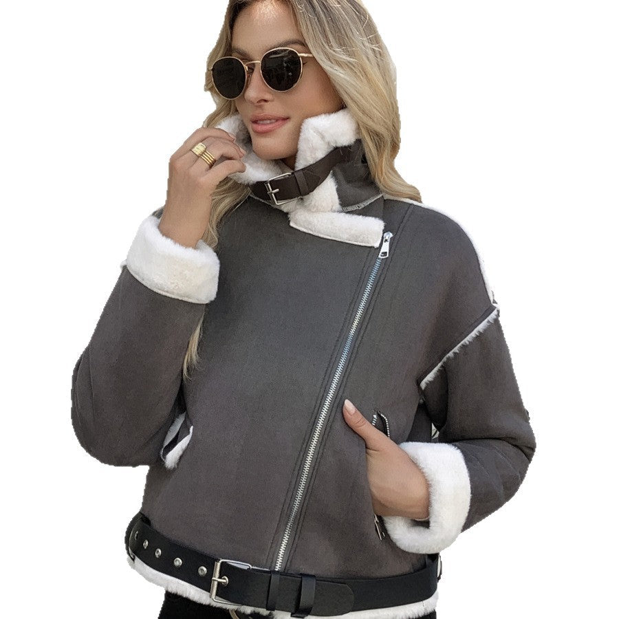 Veste en simili cuir pour femmes avec garniture en fausse fourrure luxueuse