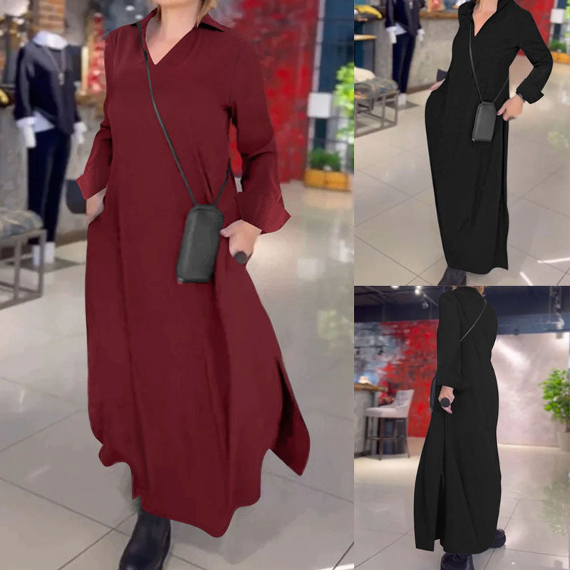 Robe maxi fluide pour femmes avec col montant en V, manches longues et poches latérales Echoarchiv