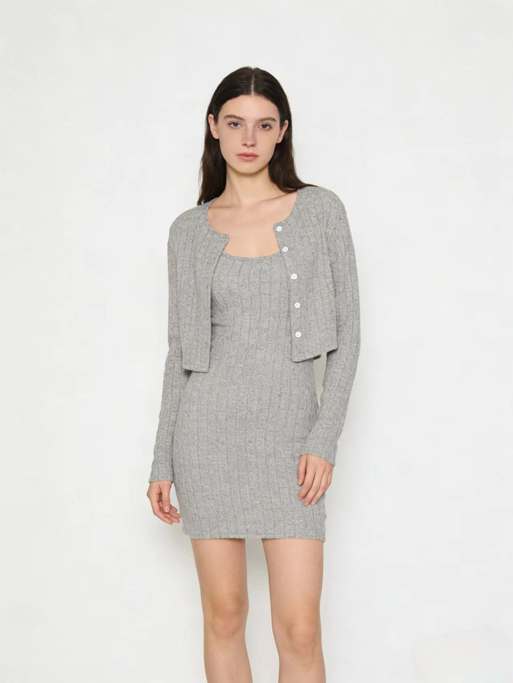 Robe en tricot côtelé pour femmes avec cardigan court assorti