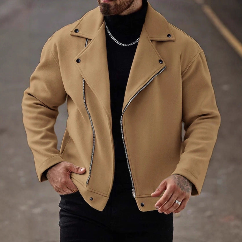 Veste de moto oversize pour hommes en mélange de laine avec fermeture éclair asymétrique et détails à boutons-pression