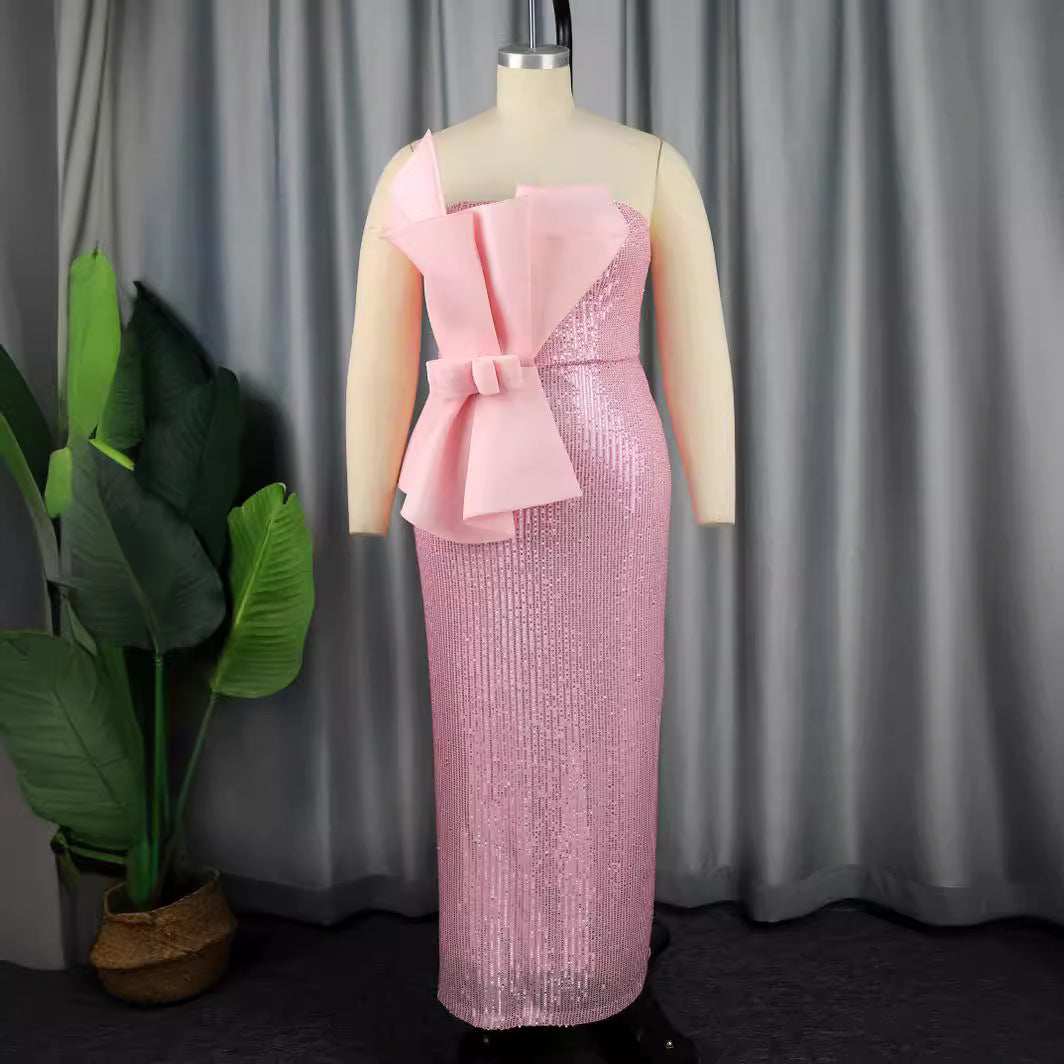 Robe de soirée scintillante pour femmes avec design asymétrique et imposante application de nœud R&B