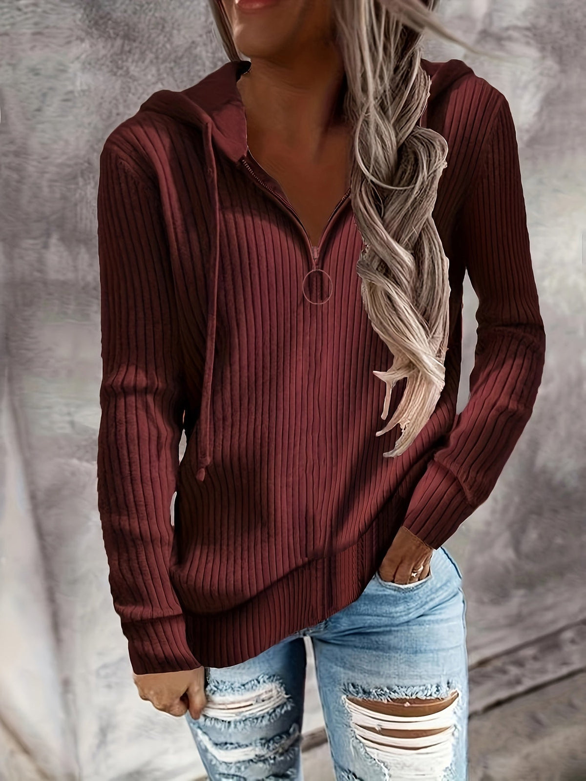 Hoodie à col montant en tricot côtelé pour femmes avec fermeture éclair mi-haute et tirette en anneau Echoarchiv