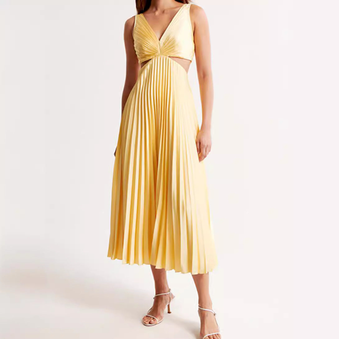 Robe midi plissée pour femmes avec partie bustier torsadée et découpes latérales R&B