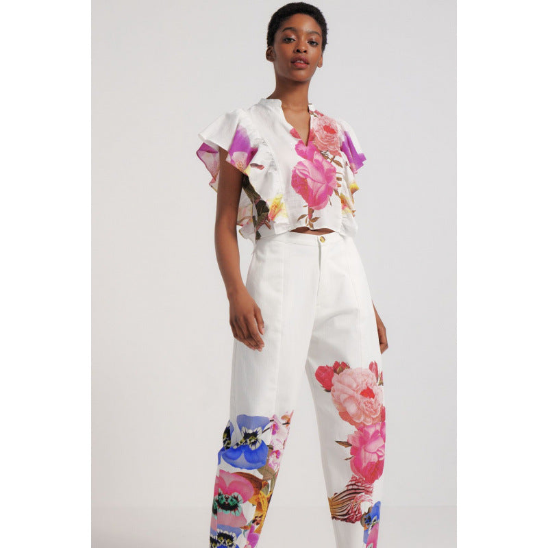 Ensemble de blouse et pantalon pour femmes avec design floral et détails délicats en volants de Heidi-Mode