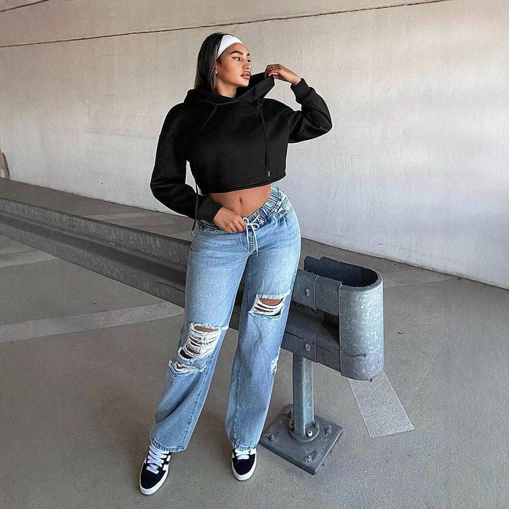 Sweat à capuche court pour femmes Cropped-Hoodie avec cordon de serrage, poignets côtelés et coupe oversize décontractée
