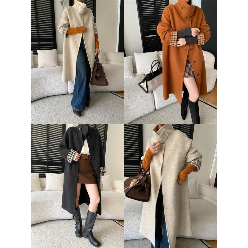 Manteau Long Femme avec Grand Col et Fermeture Boutonnée