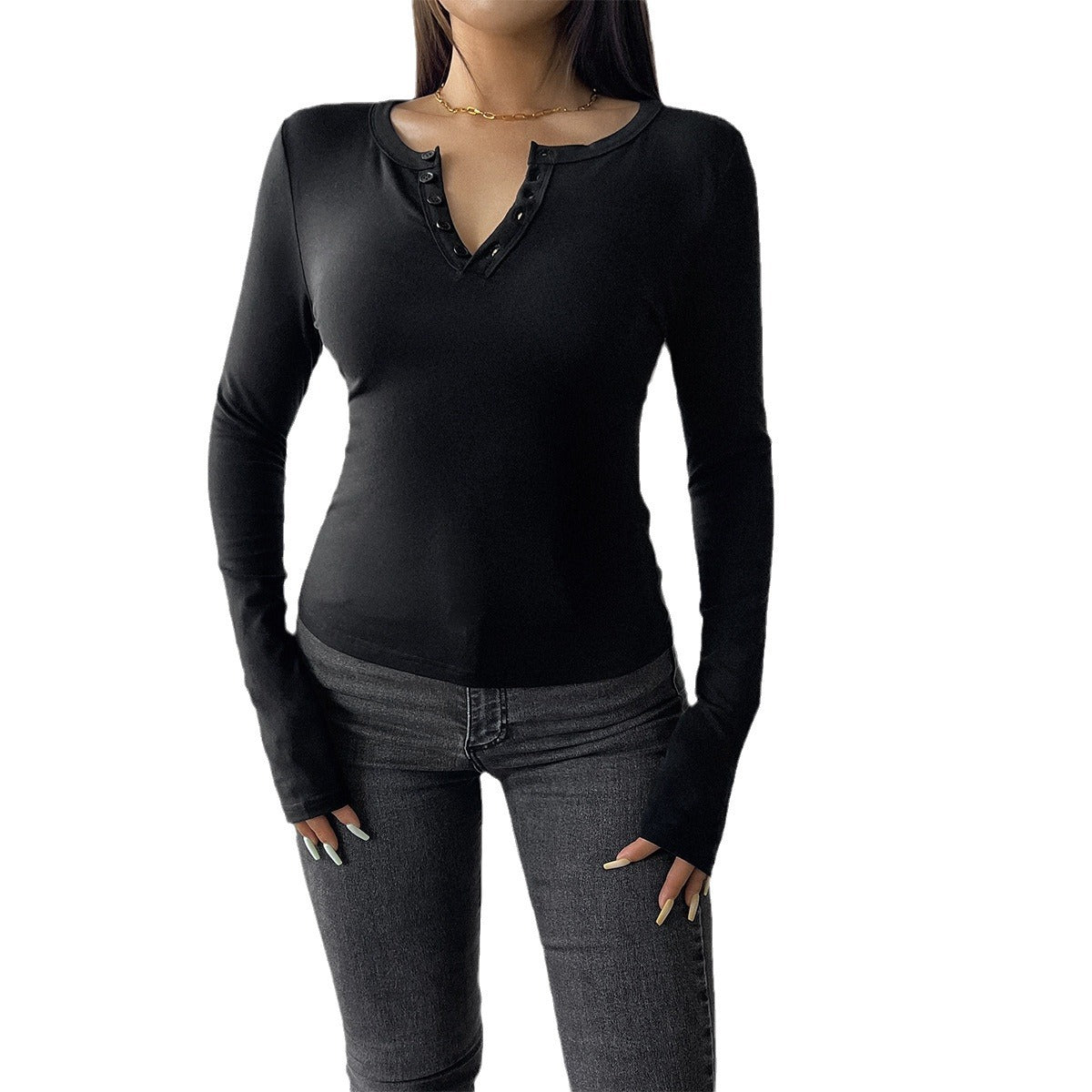 T-shirt Henley ajusté à manches longues pour femmes en jersey stretch Echo Archiv