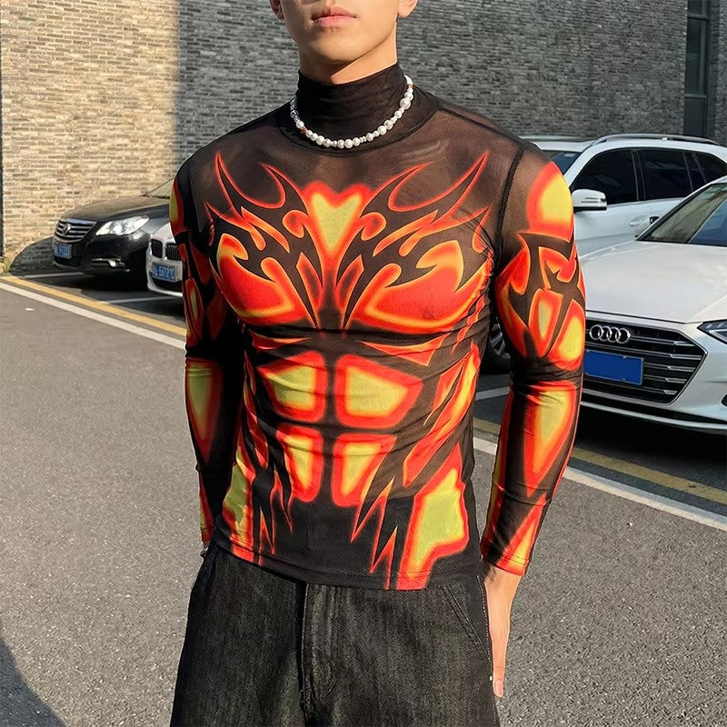 T-shirt long transparent en mesh pour hommes avec impression musculaire 3D Echoarchiv