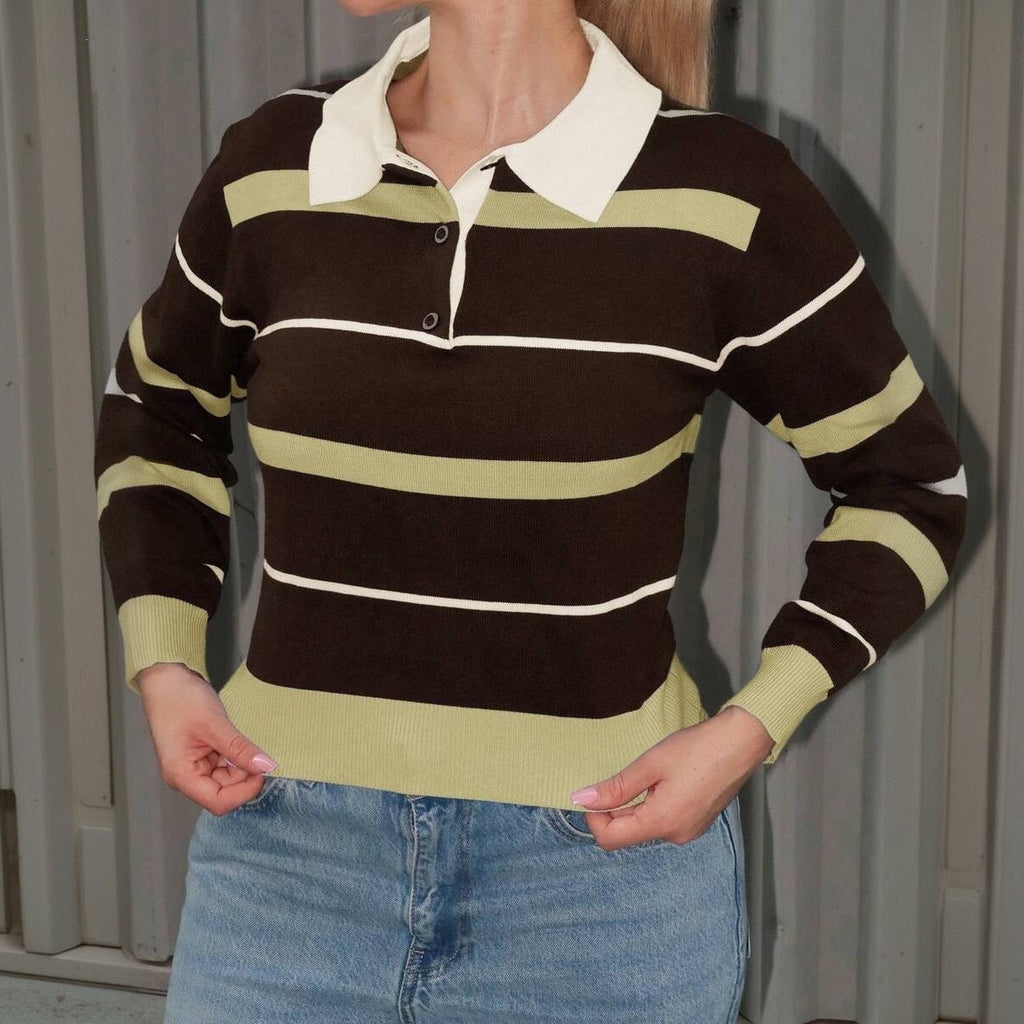 Pull rugby rayé pour femmes avec col polo et finitions côtelées Echoarchiv