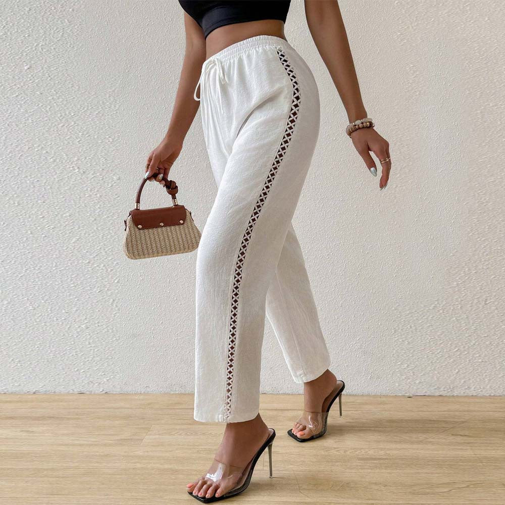Pantalon décontracté en lin pour femmes avec taille élastique, cordon de serrage et insertion en dentelle latérale