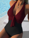 Maillot de bain une pièce pour femmes avec surface en chiffon froncé et détail élégant en nœud R&B