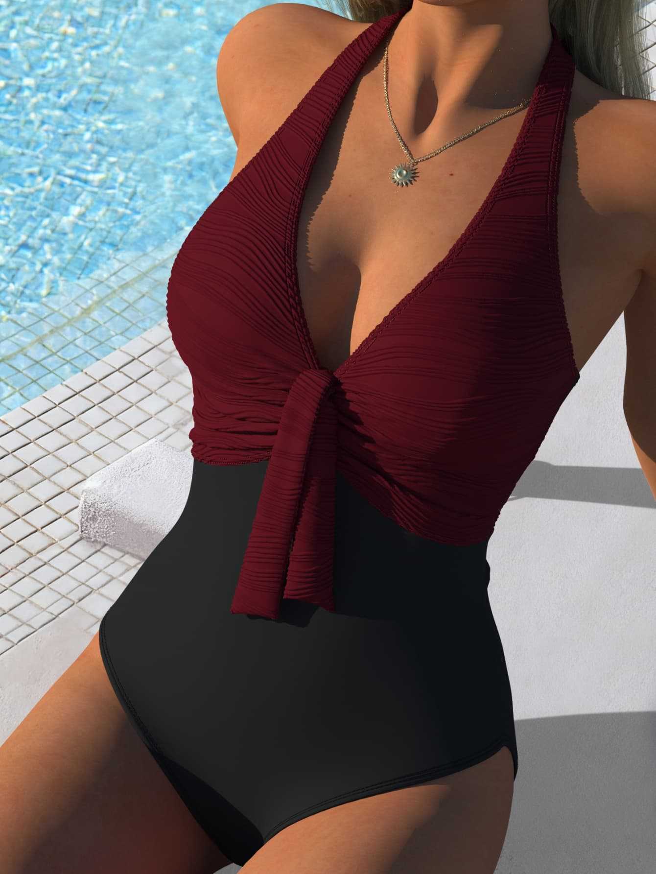 Maillot de bain une pièce pour femmes avec surface en chiffon froncé et détail élégant en nœud R&B