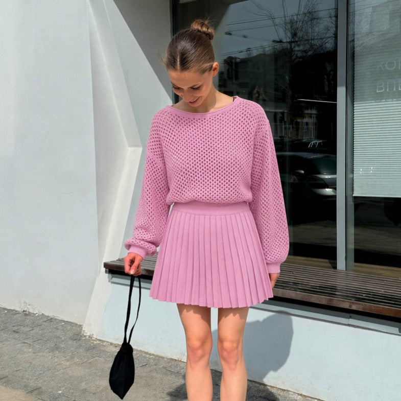 Pull en maille oversize pour femmes avec ensemble de mini-jupe plissée