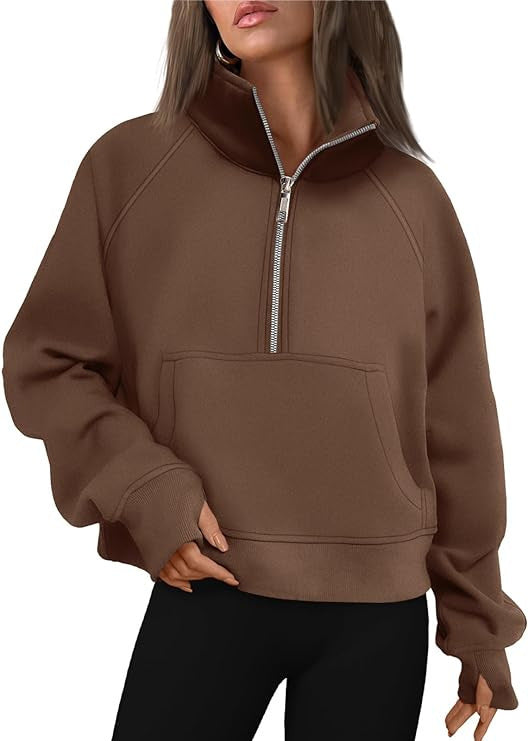 Sweat à capuche femme en polaire oversize raccourci avec demi-fermeture éclair, col montant, poche kangourou et poignets avec trou pour le pouce Echo Archiv
