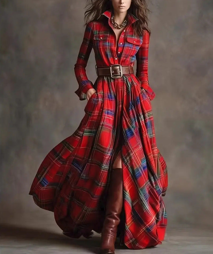 Robe Maxi à Carreaux pour Femmes avec Haut de Chemise, Taille Cintrée et Poches Latérales Echoarchiv
