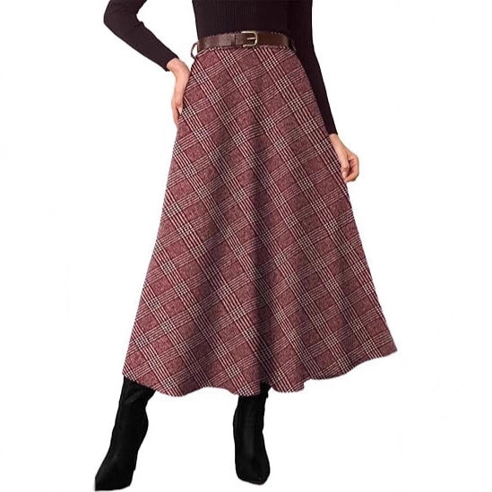 Jupe midi à carreaux en A pour femmes avec taille haute et poches latérales