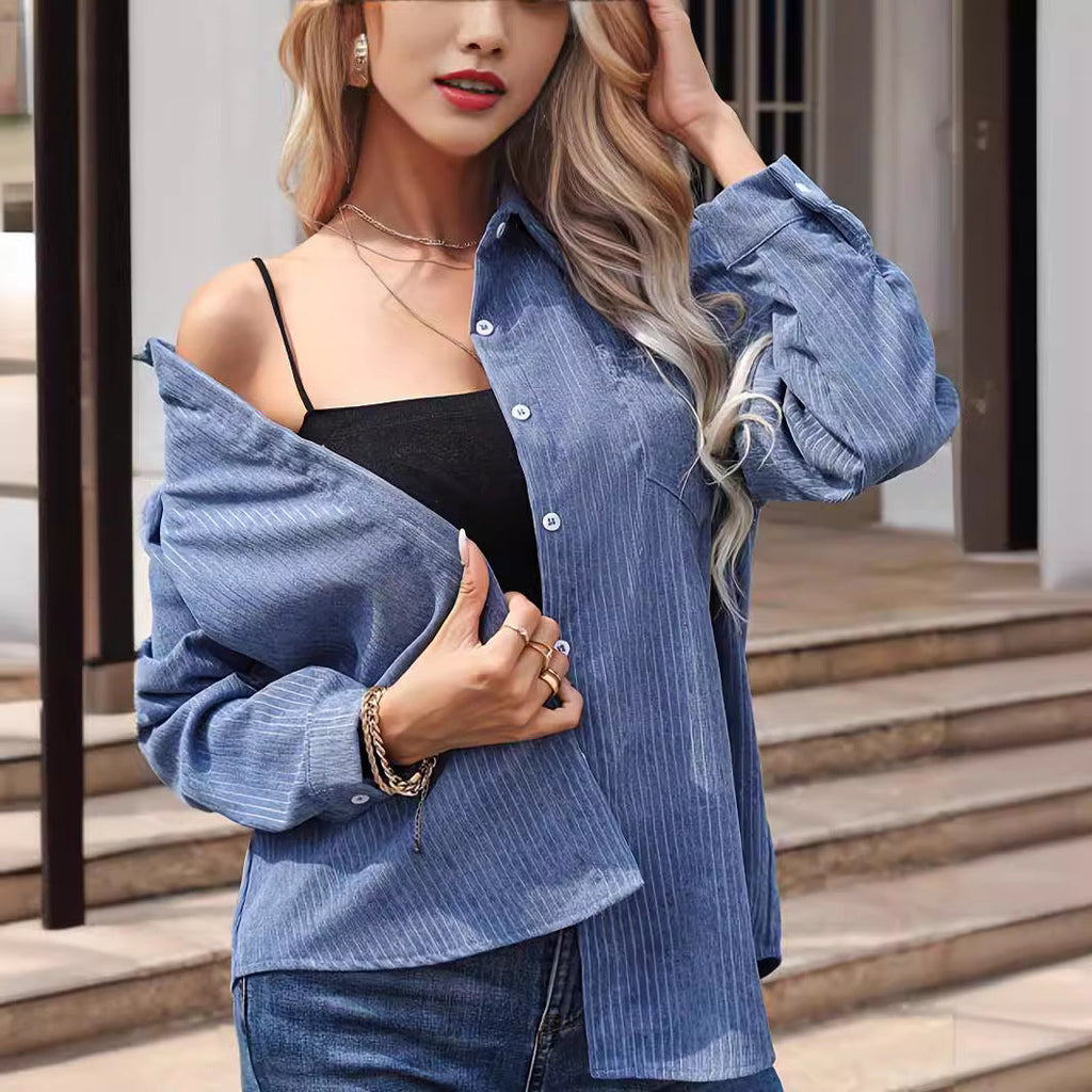 Blouse chemise à manches longues pour femmes en velours côtelé avec poche poitrine