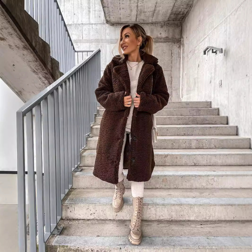 Manteau long en Teddy Faux-Shearling à boutons pour femmes avec col à revers Echoarchiv