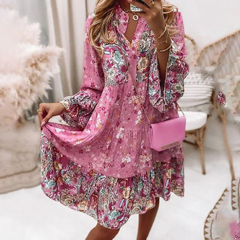 Robe à volants légère pour femmes avec décolleté en V, empiècement froncé et poignets élastiques R&B