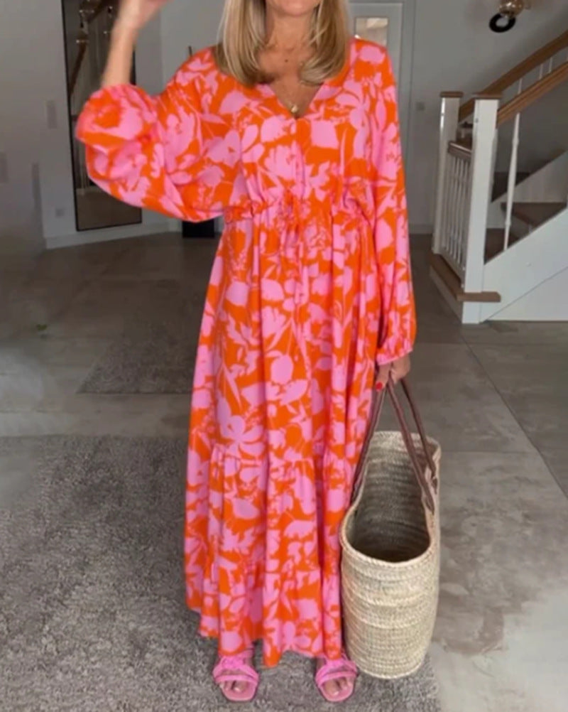 Robe maxi à volants pour femmes avec décolleté en V, taille ajustable et manches ballon R&B