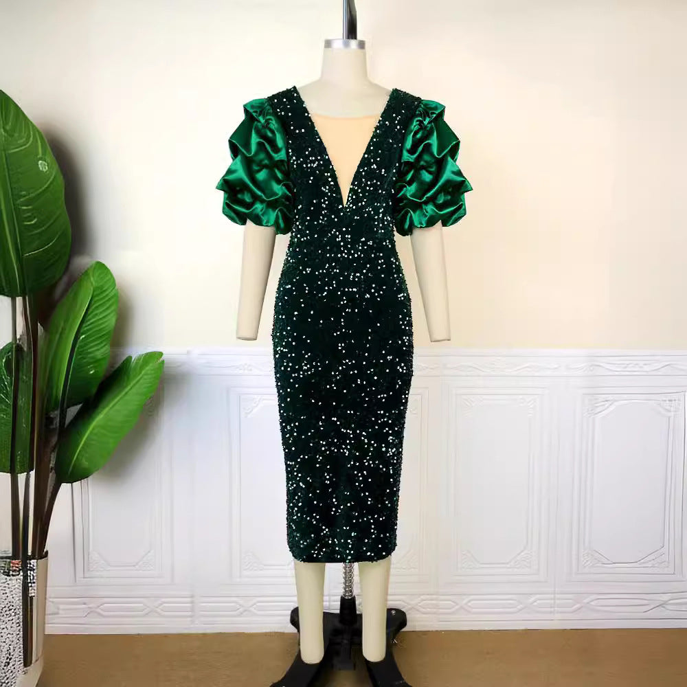 Robe de soirée glamour pour femmes avec des sequins scintillants et des manches volumineuses R&B