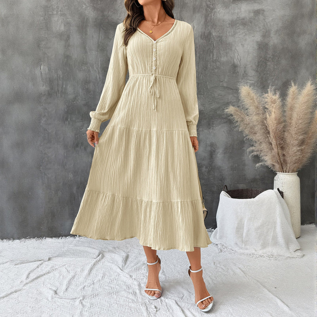 Robe midi crinkle pour femmes avec décolleté en V, patte de boutonnage, ceinture ajustée et jupe à volants Echoarchiv