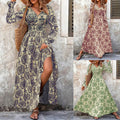 Robe maxi fluide pour femmes avec taille smockée froncée, manches trompette et imprimé ornemental Echoarchiv